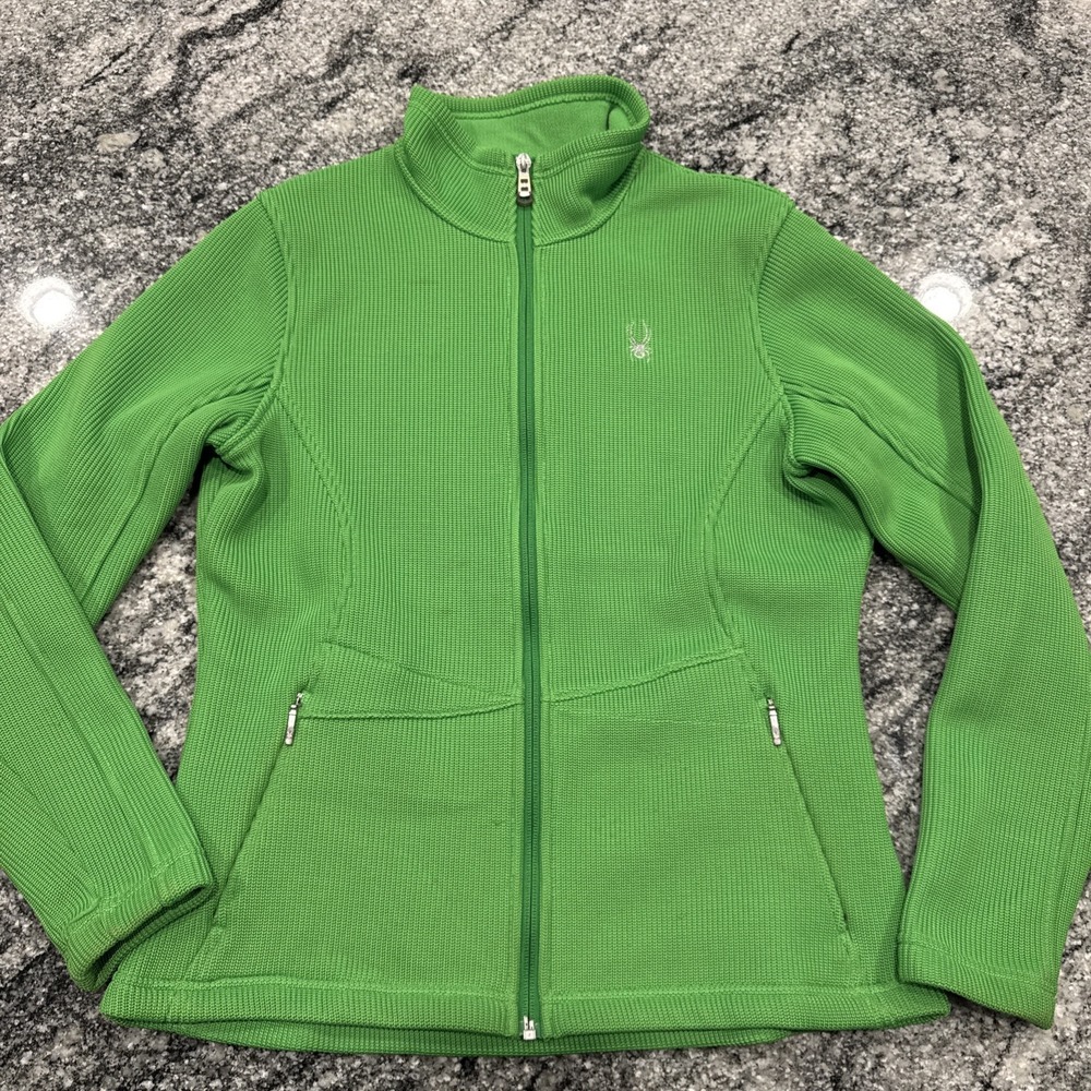 Spyder Fleece Lined Lime Green Full Zip Midweight Cable Knit Jacket Womens L